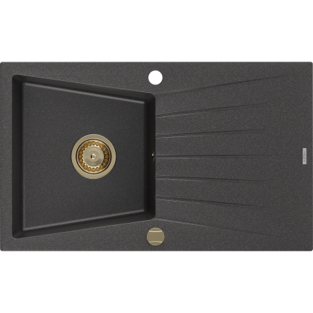 Mexen Cesar évier en granit 1 bac avec égouttoir 775 x 470 mm, noir moucheté, siphon doré - 6514771010-76-G