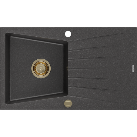 Mexen Cesar Granitspüle 1-Becken mit Abtropffläche 775 x 470 mm, schwarz gesprenkelt, goldener Siphon - 6514771010-76-G