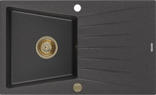 Mexen Cesar fregadero de granito de 1 cubeta con escurridor 775 x 470 mm, negro moteado, sifón dorado - 6514771010-76-G