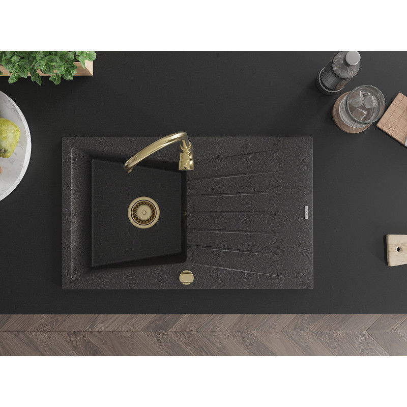 Mexen Cesar évier de cuisine en granit 1 bac avec égouttoir 775 x 470 mm, noir moucheté, siphon doré - 6514771010-76-G
