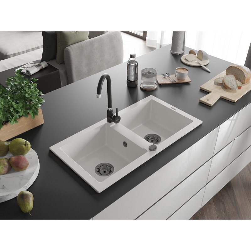 Mexen Mario évier en granit 2 bacs 820 x 436 mm, blanc, siphon noir - 6504822000-20-B
