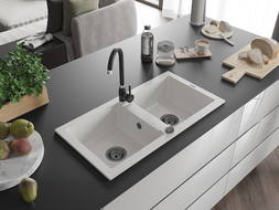 Mexen Mario granitno pomivalno korito z 2 predelki 820 x 436 mm, belo, črn sifon - 6504822000-20-B