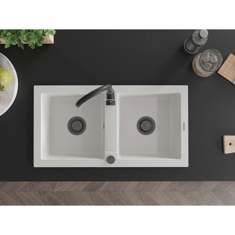 Mexen Mario granitdiskbänk med två hoar 820 x 436 mm, vit, svart vattenlås - 6504822000-20-B