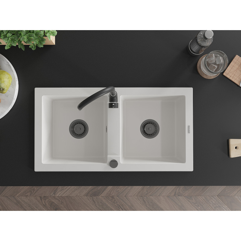 Mexen Mario granitische gootsteen met 2 kamers 820 x 436 mm, wit, zwarte sifon - 6504822000-20-B