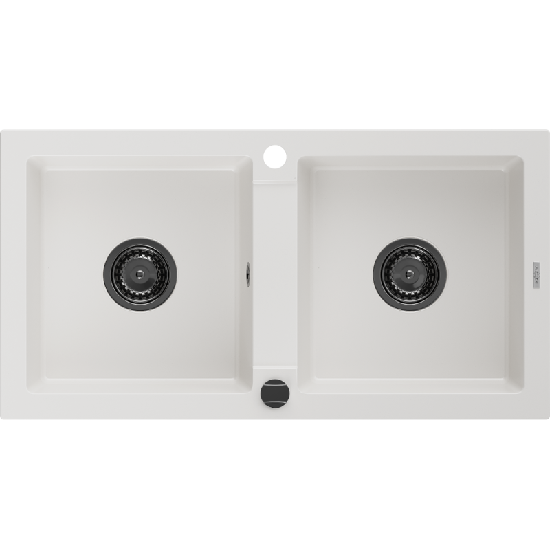 Mexen Mario granitische gootsteen met 2 kamers 820 x 436 mm, wit, zwarte sifon - 6504822000-20-B