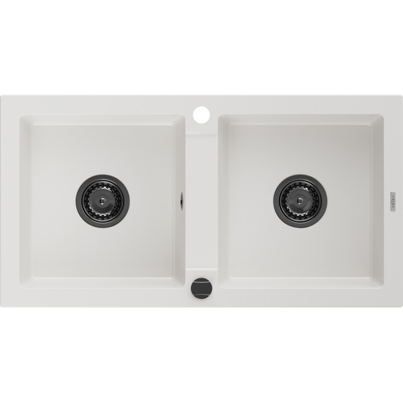 Mexen Mario granitische spoelbak met 2 kamers 820 x 436 mm, wit, zwarte sifon - 6504822000-20-B