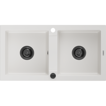 Mexen Mario Granitspüle 2-Kammer 820 x 436 mm, weiß, Siphon schwarz - 6504822000-20-B