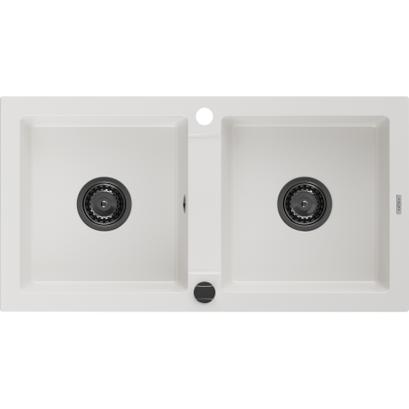 Mexen Mario zlewozmywak granitowy 2-komorowy 820 x 436 mm, biały, syfon czarny - 6504822000-20-B