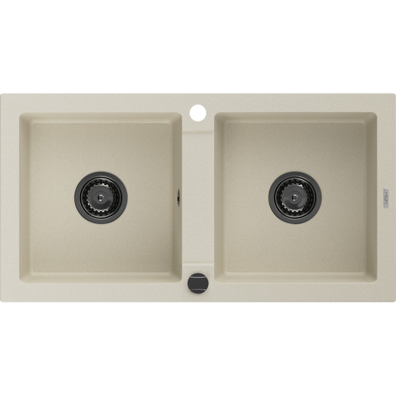 Mexen Mario évier en granit à 2 bacs 820 x 436 mm, beige, siphon noir - 6504822000-69-B