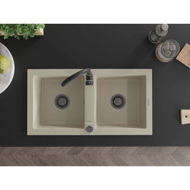 Mexen Mario granite sink with 2 compartments 820 x 436 mm, beige, black siphon - 6504822000-69-B