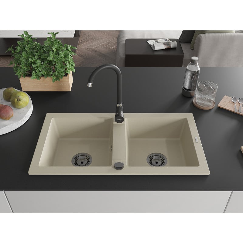 Mexen Mario granite sink with 2 compartments 820 x 436 mm, beige, black siphon - 6504822000-69-B