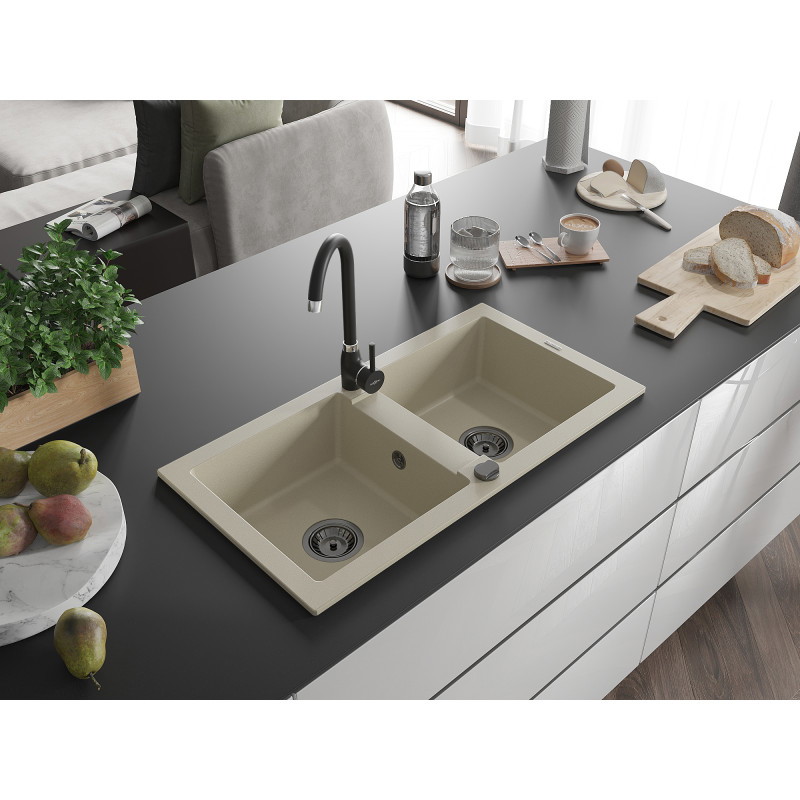 Mexen Mario granitische spoelbak met 2 wasbakken 820 x 436 mm, beige, zwarte sifon - 6504822000-69-B