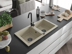 Mexen Mario évier en granit 2 bacs 820 x 436 mm, beige, siphon noir - 6504822000-69-B