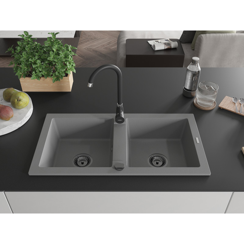 Mexen Mario tweezijdige granieten spoelbak 820 x 436 mm, grijs, zwarte sifon - 6504822000-71-B