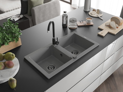 Mexen Mario Granitspüle 2-Kammer 820 x 436 mm, grau, schwarzer Siphon - 6504822000-71-B