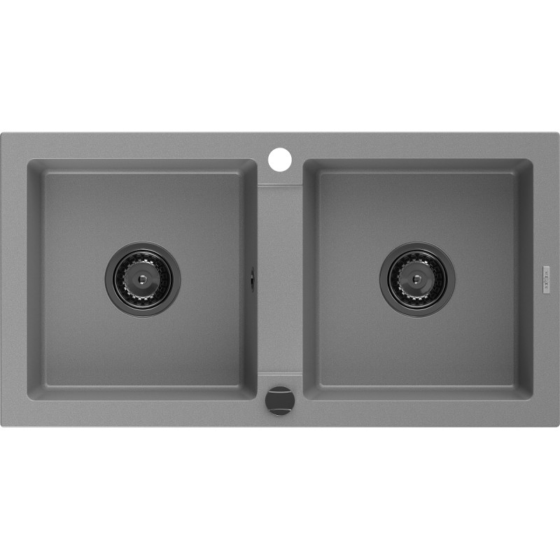 Mexen Mario granit gootsteen 2-kamer 820 x 436 mm, grijs, zwarte sifon - 6504822000-71-B