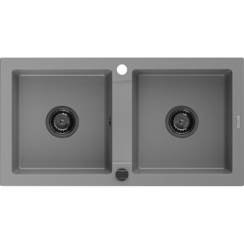Mexen Mario tweezijdige granieten spoelbak 820 x 436 mm, grijs, zwarte sifon - 6504822000-71-B