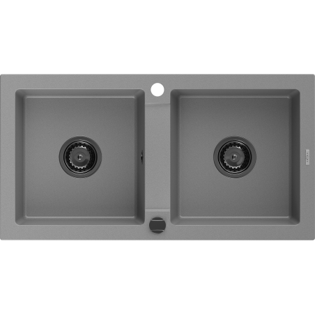 Mexen Mario granite sink 2-bowl 820 x 436 mm, grey, black siphon - 6504822000-71-B