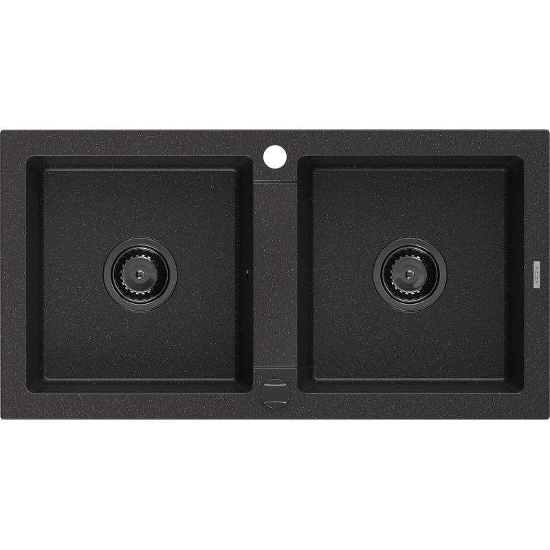 Mexen Mario granit gootsteen 2-kamer 820 x 436 mm, zwart/zilverkleurig metallic, zwarte sifon - 6504822000-73-B