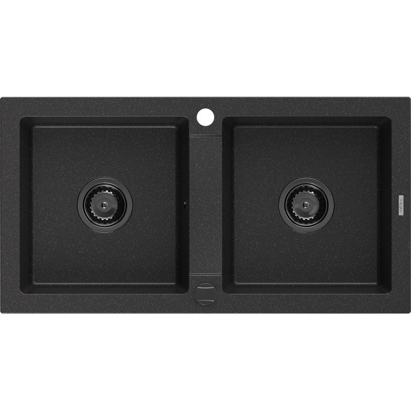 Mexen Mario Granitspüle 2-Kammer 820 x 436 mm, schwarz/silber metallic, schwarzer Siphon - 6504822000-73-B