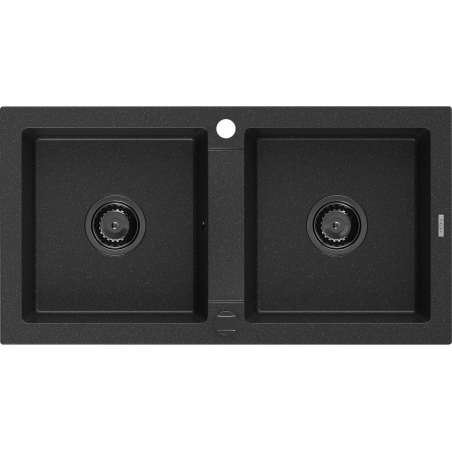 Mexen Mario granit gootsteen 2-kamer 820 x 436 mm, zwart/zilverkleurig metallic, zwarte sifon - 6504822000-73-B