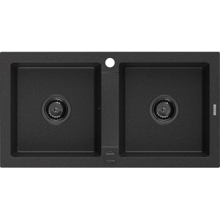 Mexen Mario Granitspüle 2-Kammer 820 x 436 mm, schwarz/silber metallic, schwarzer Siphon - 6504822000-73-B