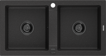 Mexen Mario Granitspüle 2-Kammer 820 x 436 mm, schwarz/silber metallic, schwarzer Siphon - 6504822000-73-B