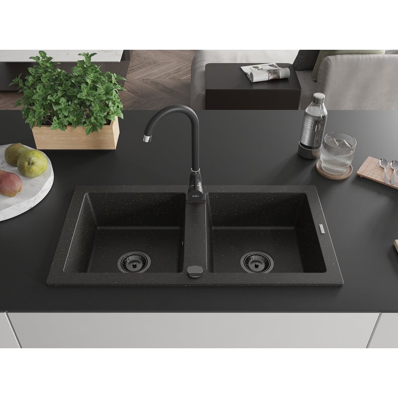 Mexen Mario graniitvalamu 2-kambriline 820 x 436 mm, must/kuldmetallik, must sifoon - 6504822000-75-B