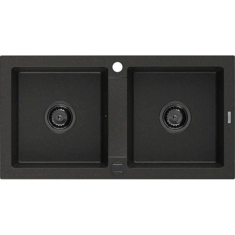 Mexen Mario fregadero de granito de 2 cámaras 820 x 436 mm, negro/dorado metálico, sifón negro - 6504822000-75-B