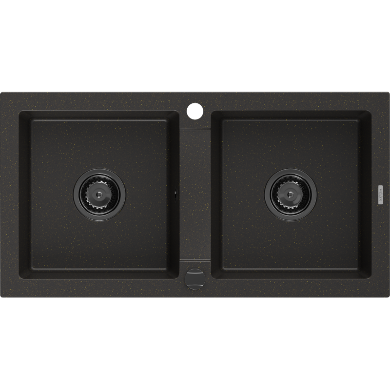 Mexen Mario graniittinen kaksialtainen pesuallas 820 x 436 mm, musta/kultainen metalli, musta viemäri - 6504822000-75-B