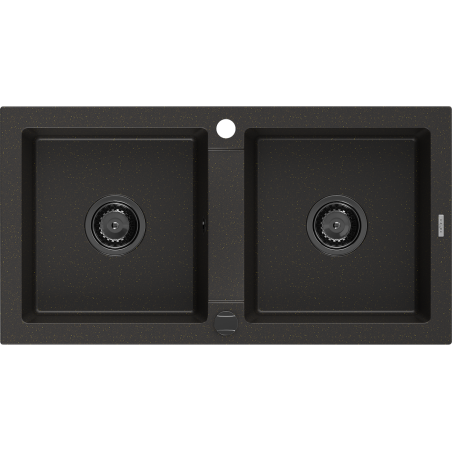 Mexen Mario granitt Kichekommersenker mat 2 Bätz 820 x 436 mm, schwaarz/gëllene metallesch, schwaarze Siphon - 6504822000-75-B