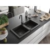 Mexen Mario Granitspüle 2-Fach 820 x 436 mm, Schwarz/Goldmetallic, Schwarzer Siphon - 6504822000-75-B