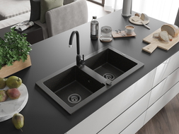 Mexen Mario Granitspüle 2-Fach 820 x 436 mm, Schwarz/Goldmetallic, Schwarzer Siphon - 6504822000-75-B