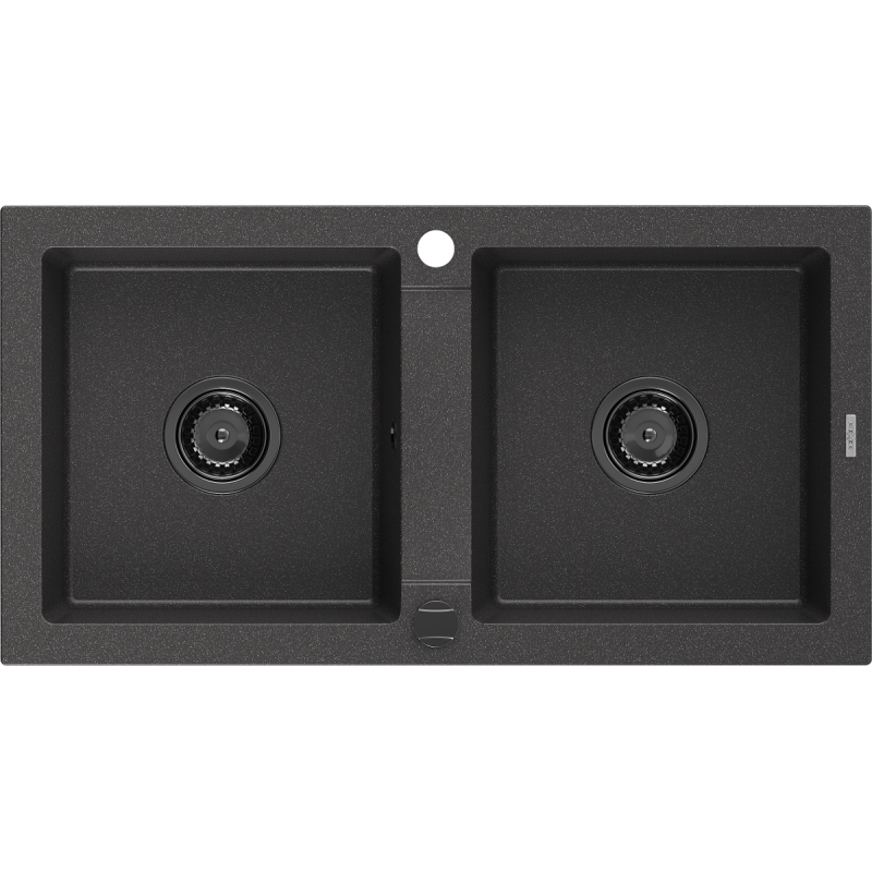 Mexen Mario granieten spoelbak 2-kamerig 820 x 436 mm, zwart gespikkeld, zwarte sifon - 6504822000-76-B