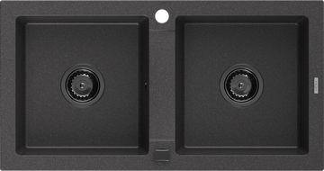 Mexen Mario évier en granit 2 bacs 820 x 436 mm, noir moucheté, siphon noir - 6504822000-76-B