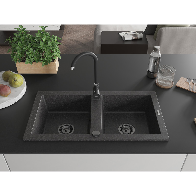 Mexen Mario Granitspüle 2-Kammer 820 x 436 mm, schwarz gesprenkelt, schwarzer Siphon - 6504822000-76-B