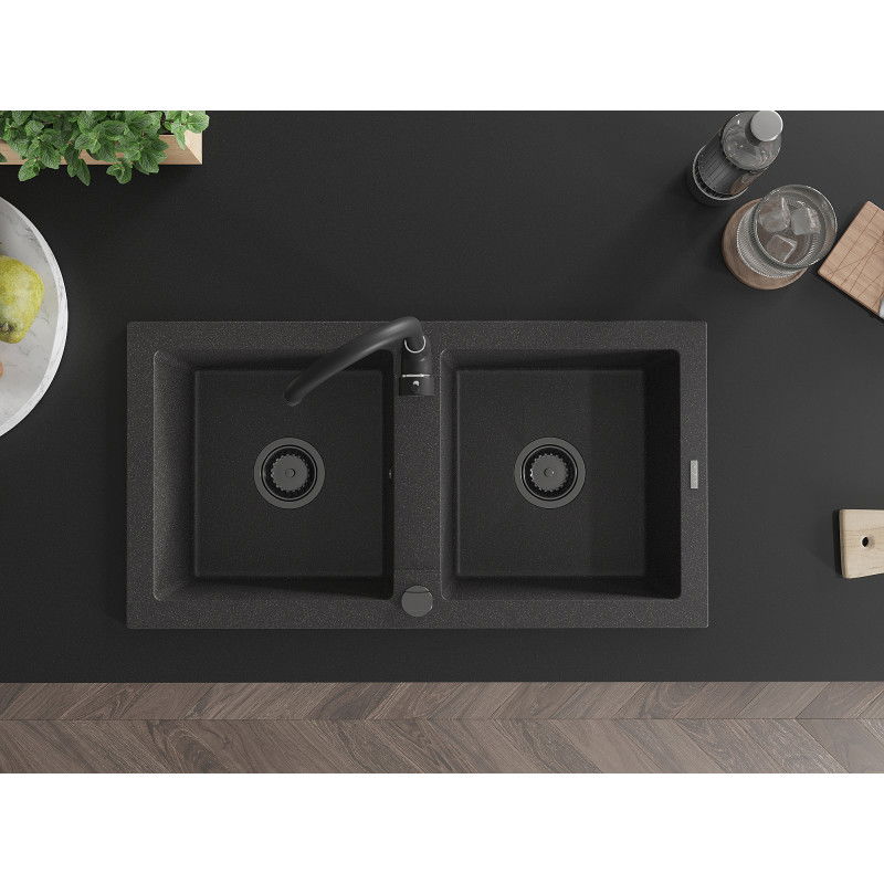 Mexen Mario granitdiskho med 2 fack 820 x 436 mm, svart fläckig, svart sifon - 6504822000-76-B