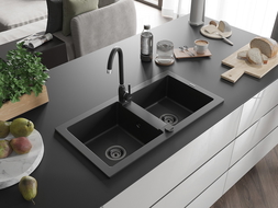 Mexen Mario évier en granit à 2 bacs 820 x 436 mm, noir, siphon noir - 6504822000-77-B