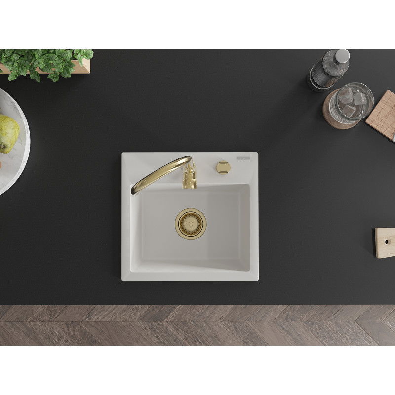 Mexen Milo νεροχύτης από γρανίτη 1-δοχείο 435 x 410 mm, λευκός, σιφόνι χρυσό