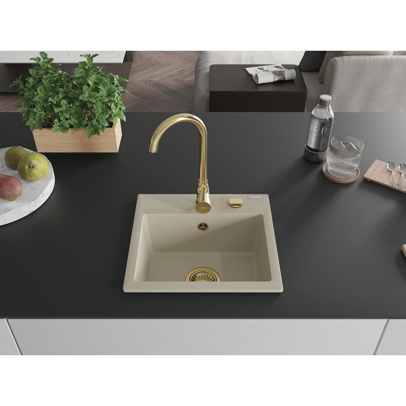 Mexen Milo granitische gootsteen met 1 kom 435 x 410 mm, beige, gouden sifon - 6505441000-69-G