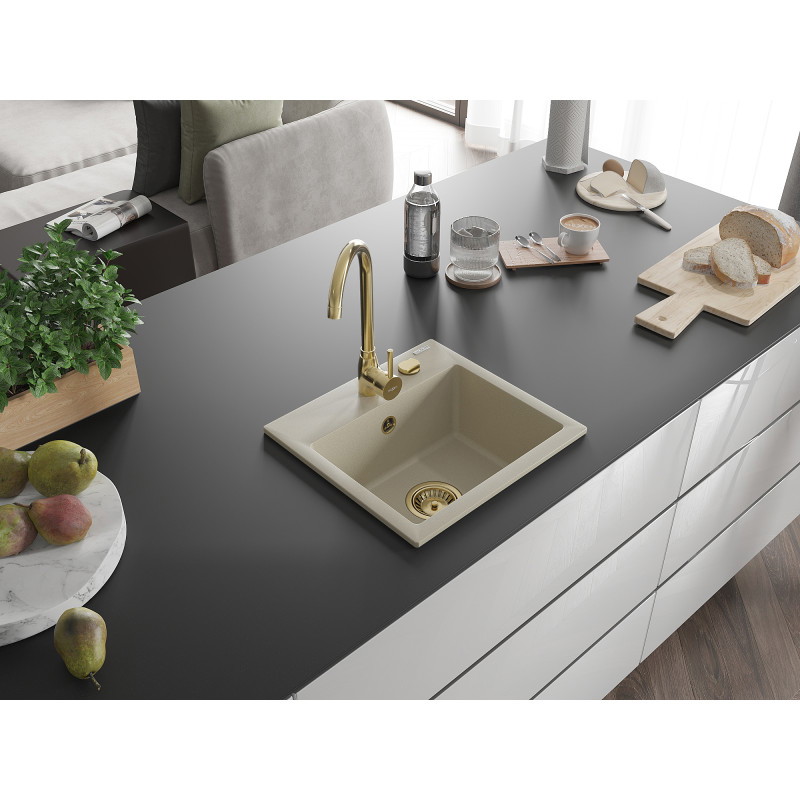 Mexen Milo granitische gootsteen met 1 kom 435 x 410 mm, beige, gouden sifon - 6505441000-69-G