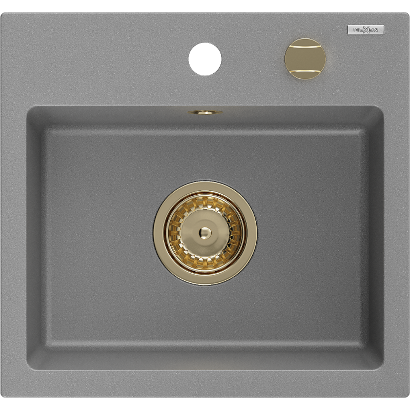 Mexen Milo granieten gootsteen 1-kamer 435 x 410 mm, grijs, gouden sifon - 6505441000-71-G