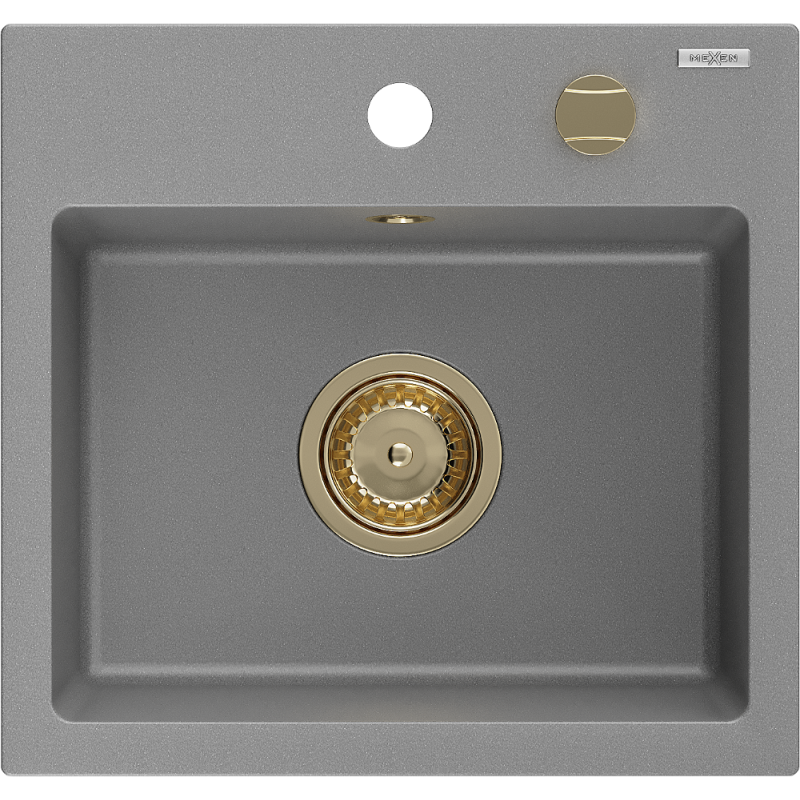 Mexen Milo granite sink 1-bowl 435 x 410 mm, grey, golden siphon - 6505441000-71-G