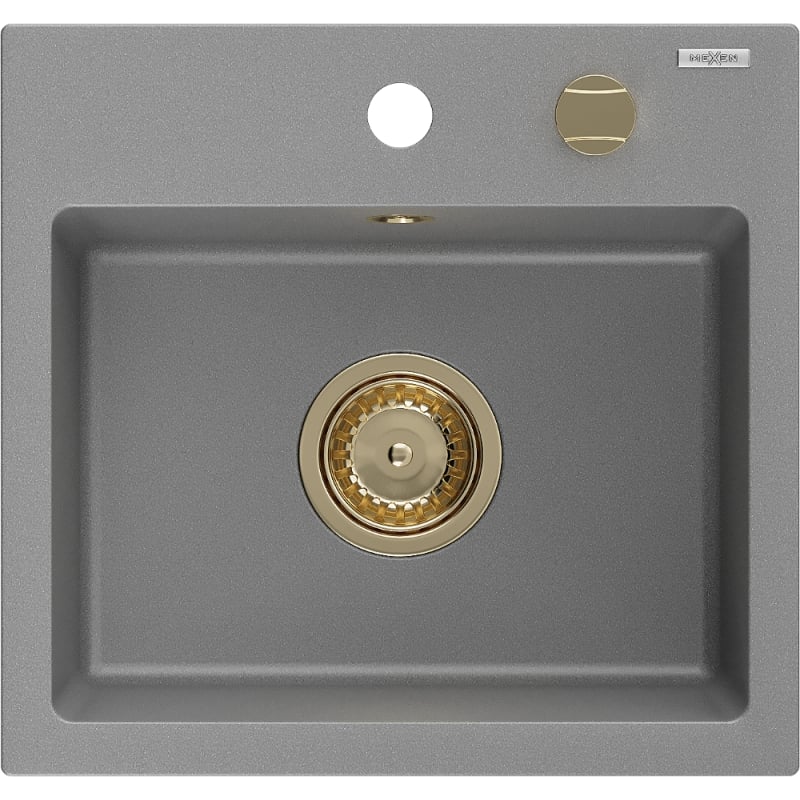 Mexen Milo granitische spoelbak 1-komer 435 x 410 mm, grijs, gouden sifon - 6505441000-71-G
