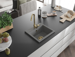 Mexen Milo granite sink 1-bowl 435 x 410 mm, grey, golden siphon - 6505441000-71-G