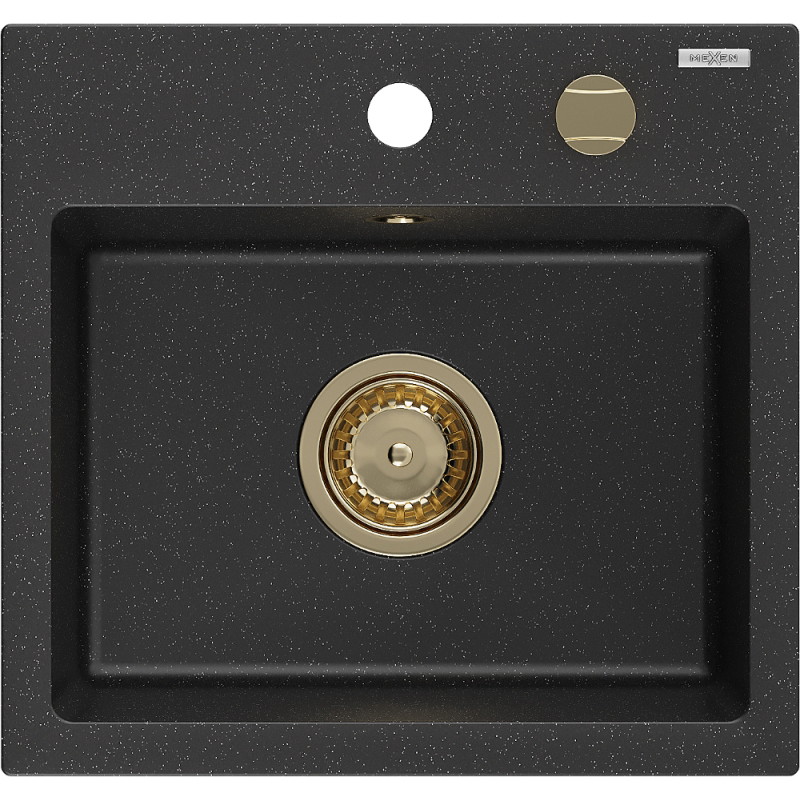 Mexen Milo évier en granit 1 bac 435 x 410 mm, noir/métallique argenté, siphon doré - 6505441000-73-G