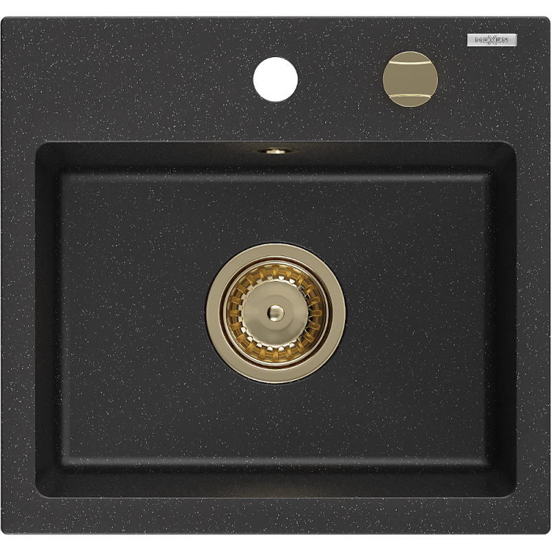 Mexen Milo graniittinen 1-osainen keittiöallas 435 x 410 mm, musta/hopeinen metallihohto, kultainen vesilukko - 6505441000-73-G