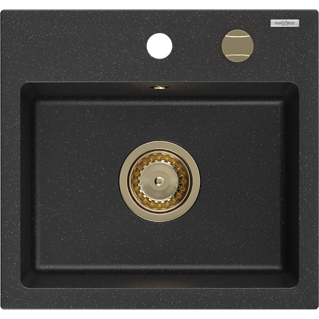 Mexen Milo granitische gootsteen 1-komorige 435 x 410 mm, zwart/zilveren metallic, gouden sifon - 6505441000-73-G