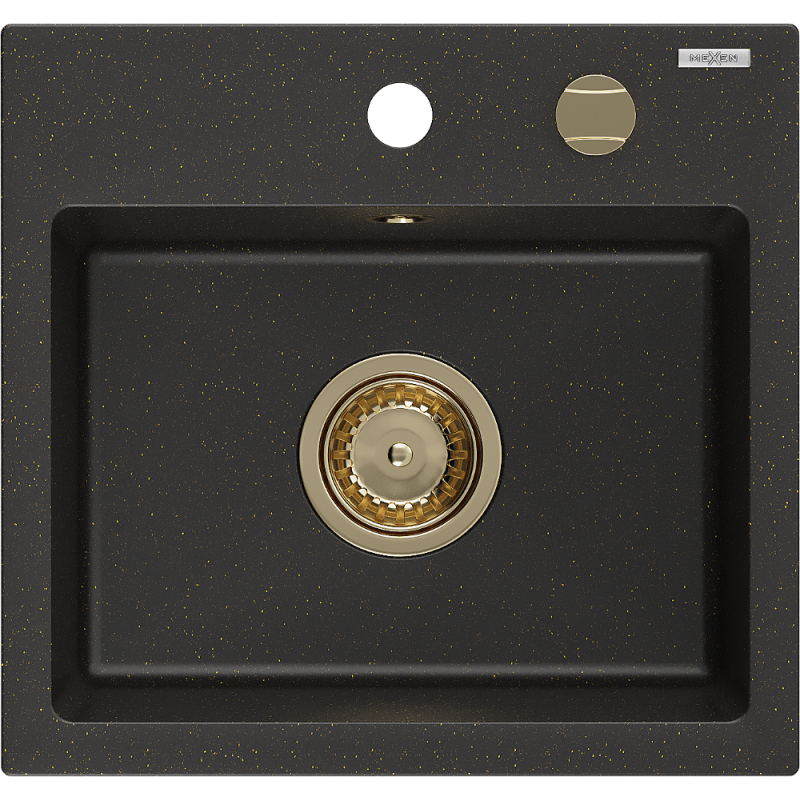 Mexen Milo fregadero de granito de 1 cubeta 435 x 410 mm, negro/dorado metálico, sifón dorado - 6505441000-75-G
