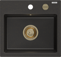 Mexen Milo granieten spoelbak met 1 bak 435 x 410 mm, zwart/goud metallic, gouden sifon - 6505441000-75-G